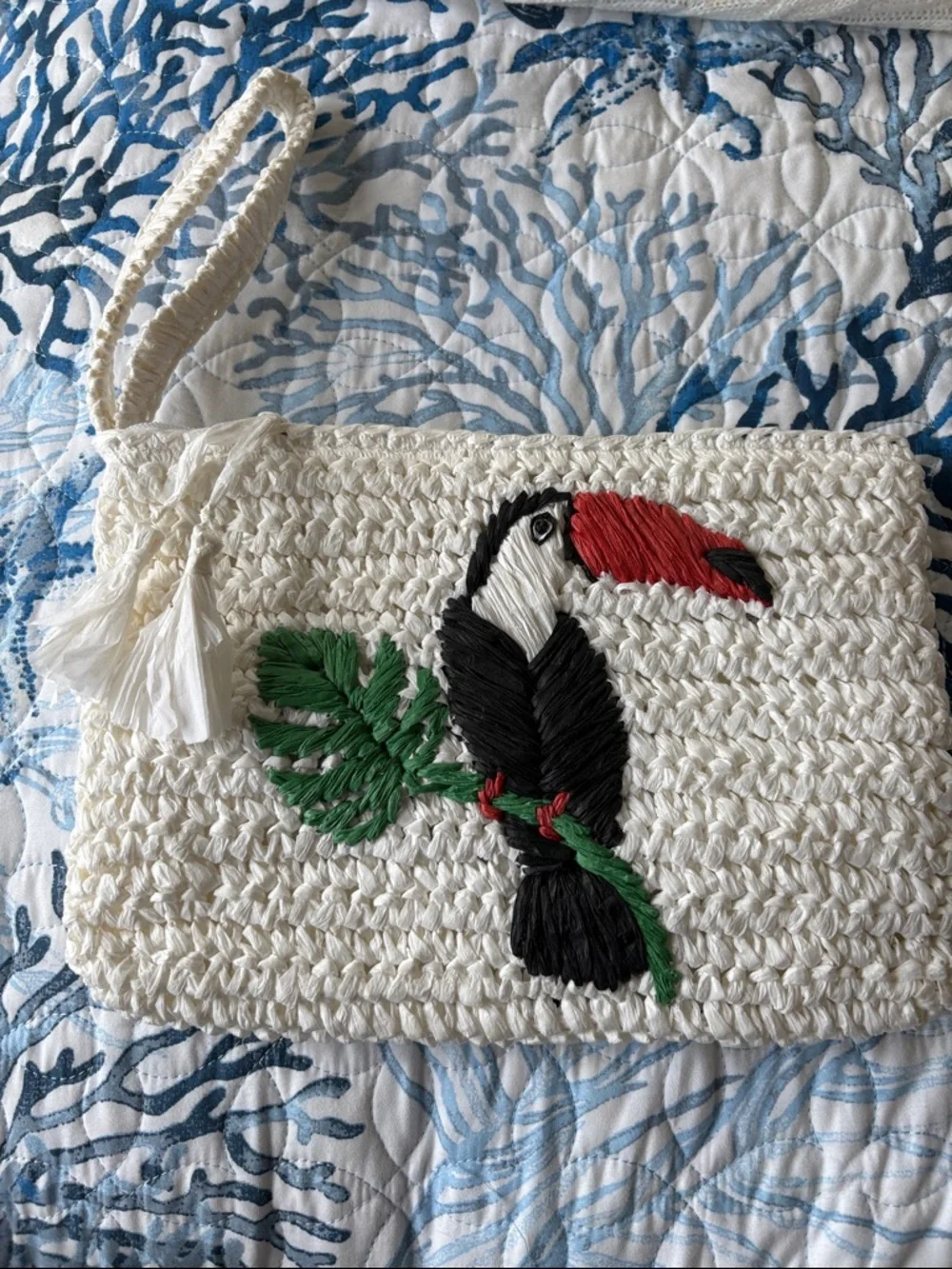 Handwoven white Toucan Clutch with Green Leaf Embroidery - Picture 1 of 4